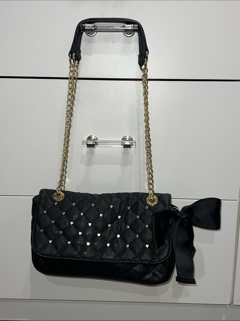 Betsey Johnson Black Quilted Shoulder/Crossbody Bag with Gold Accents and Bow